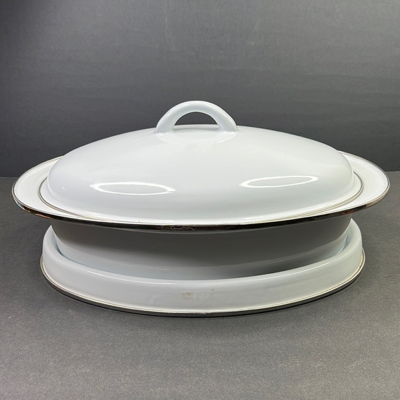 3 Piece Enamel Roasting Pan Table Protecting Base Plate Tureen Farmhouse Roaster - Picture 9 of 10